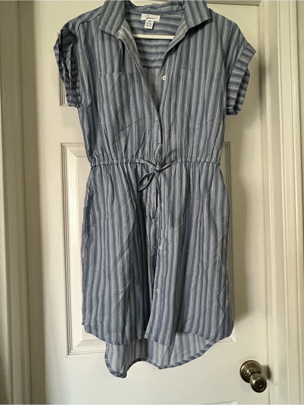 Japra Striped Blue Button-Front Shirt Dress with Drawstring Waist